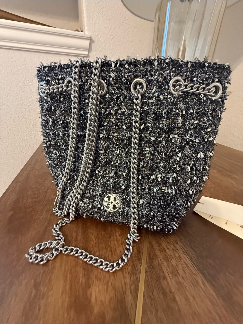 Tory Burch Black Tweed Chain-Handle Bucket Bag